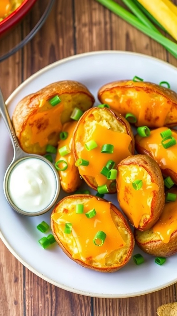 Crispy twice baked potatoes with cheese and green onions on a rustic plate.